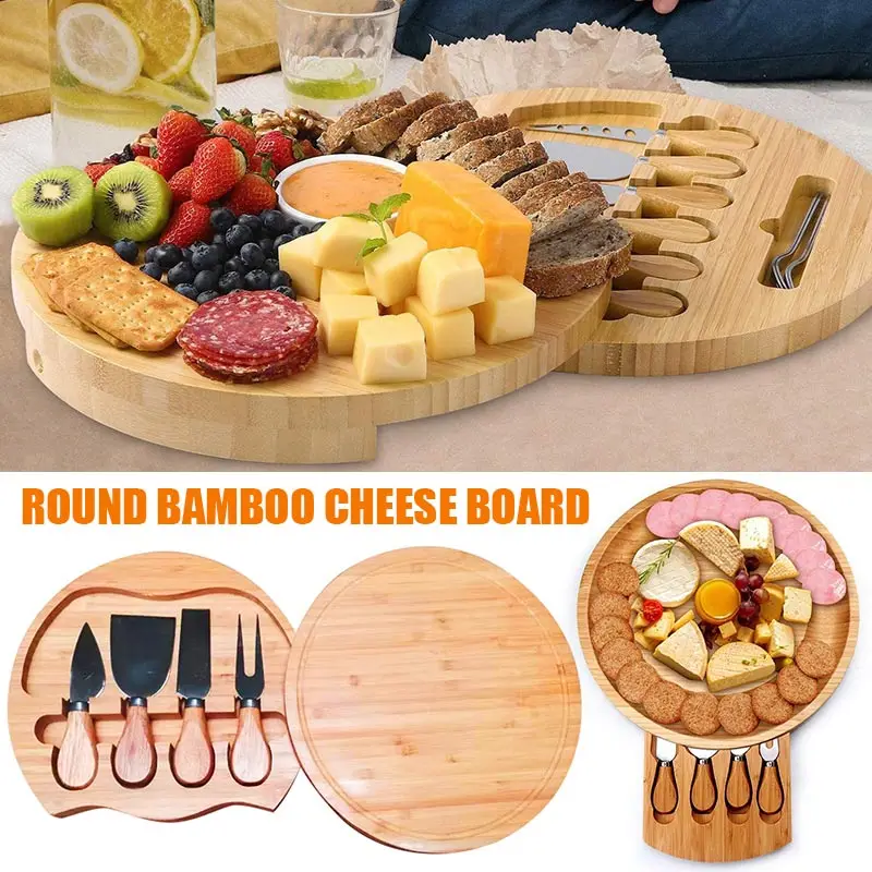 1setRoundBambooCheeseBoardKitWithSlideoutStorageTrayCheese