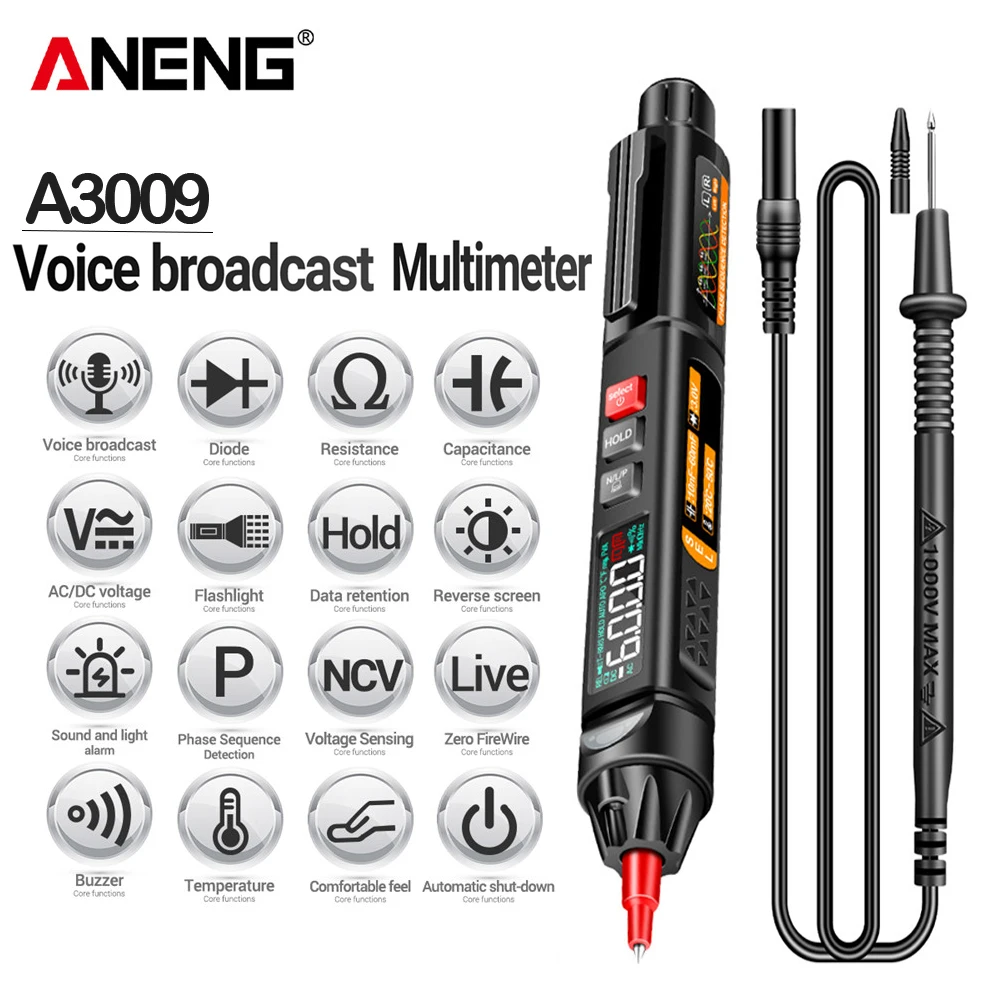 ANENG A3009 스마트 디지털 멀티미터 6000 카운트 음성 방송 NCV 감지기 전문 전압 테스터 전기 기술자 도구
