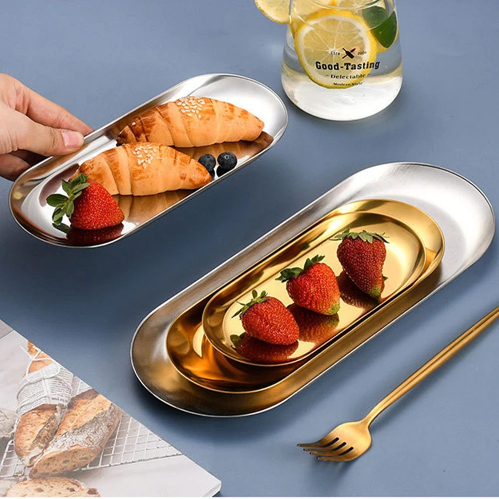 2PACK Stainless Steel Gold Silver Decorative Tray for Bathroom Vanity Jewelry Display, Kitchen Sink Tray for Soap Dispensers 3