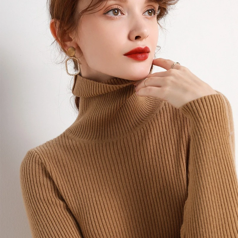 New 2025 Women's Turtleneck Solid Color Sweater Fashion Autumn and Winter Knitwear Long Sleeve Thin Casual Bottom Shirt