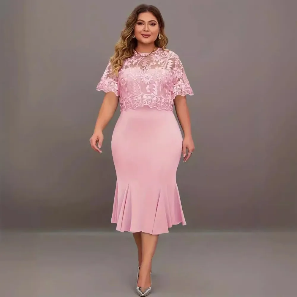 

Summer oversize Women‘s Dress Embroidered Patchwork Clothng Slim-fit Sexy O-neck Short Sleeve Clothes Trumpet Evening Dresses