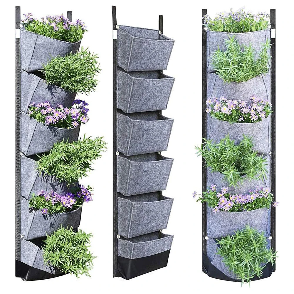 

6 карманов, настенная подвеска, серый, черный плантатор для выращивания растений, фетровый садовый инструмент для двора