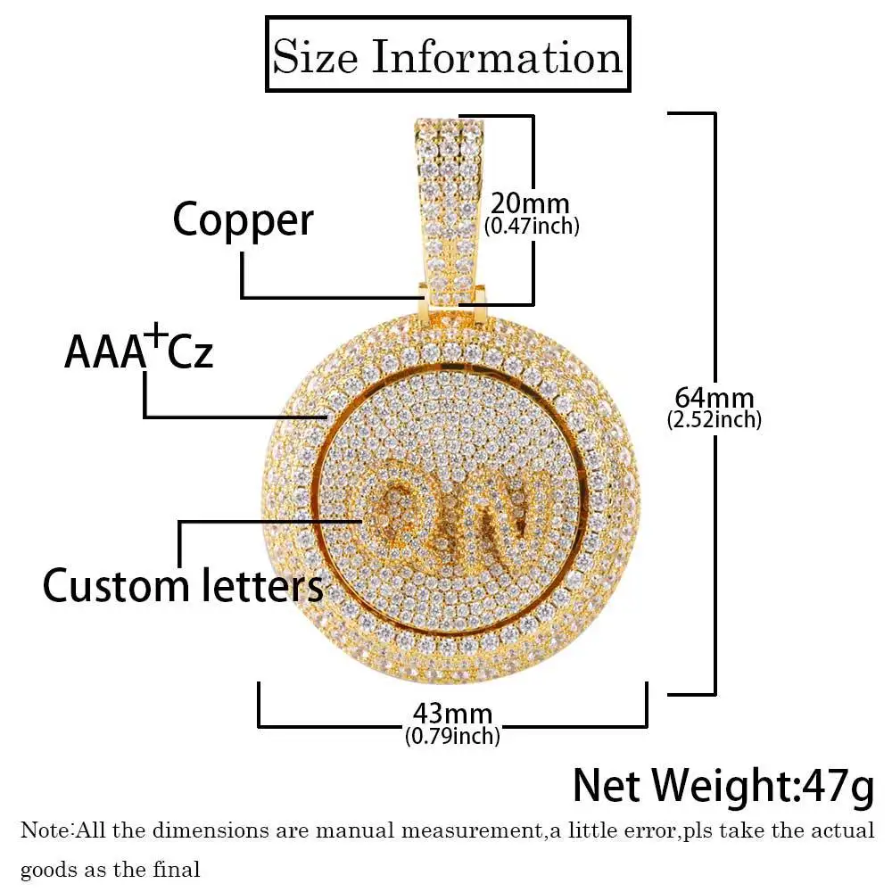 Disk Rotating Letter Round Shape Custom Pendant Zircon Personalized Name Initial Pendant Necklace