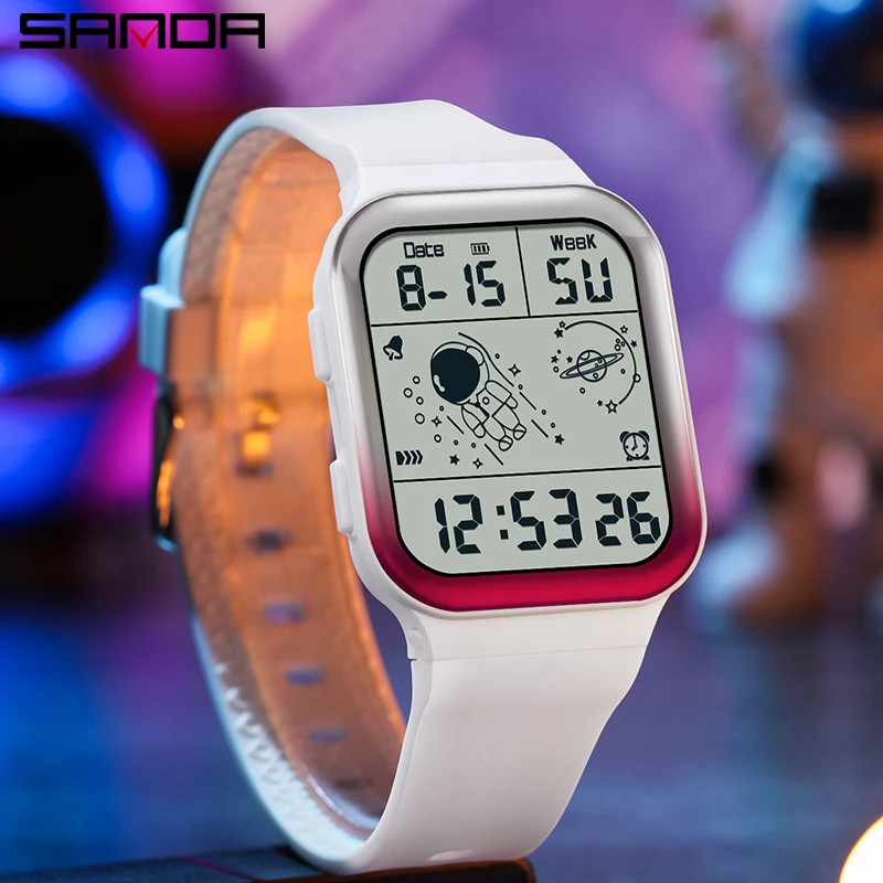 SANDA Mens Watches Fashion Gradient Multifunctional Electronic Watch Square Dial Casual Student Watch Luminous 50M Waterproof