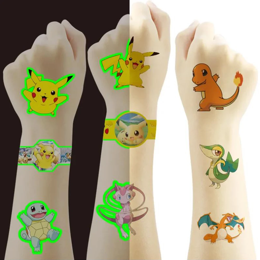 Pikachu Children's Party Glow Tattoo Sticker Pocket Monster Pokemon Tattoo Sticker Boys and Girls Glow Party Supplies Toy Gifts pokemon luminous tattoos for kids pikachu styles temporary tattoos stickers boys girls glow party supplies gifts for children