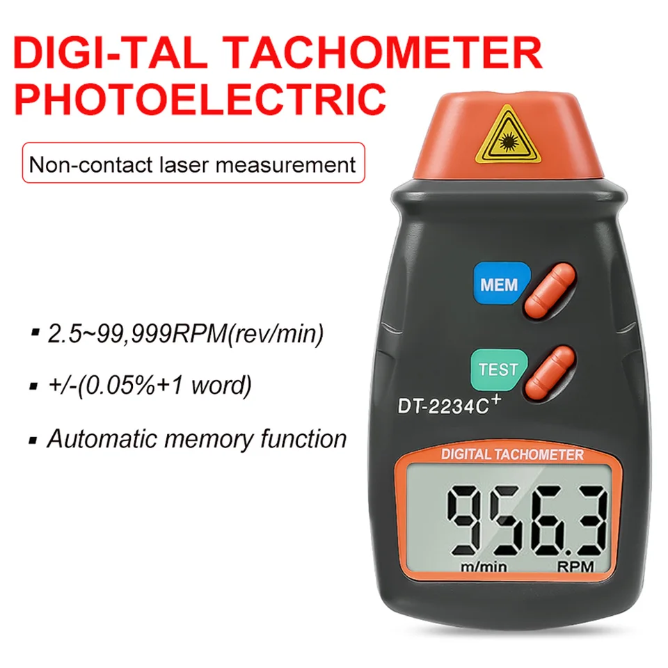 Digital Non-Contact Laser Tachometer RPM Meter (10-99999 RPM) - High Accuracy With Reflective Tape, Backlit LCD, Data Hold, MAX/MIN/AVG