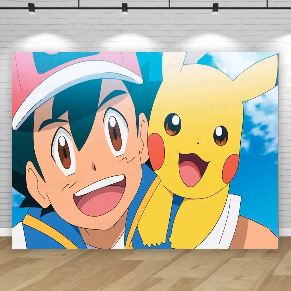 thumbnail image 1 of Telones de fondo para fiesta de Pokémon rojos, fondo para fiesta de primer cumpleaños de niño, Ash Ketchum, Pocket Monster, estudio fotográfico, pancarta, accesorios de decoración, 1 of 4