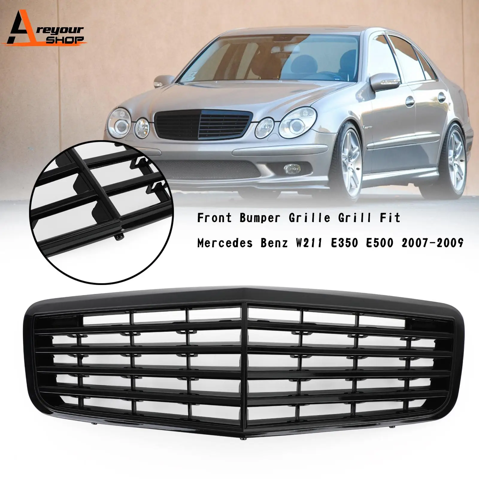 Areyoursohp Front Bumper Grille Grill Fit For Mercedes Benz W211 E350 AMG Gloss Black Car Auto Parts