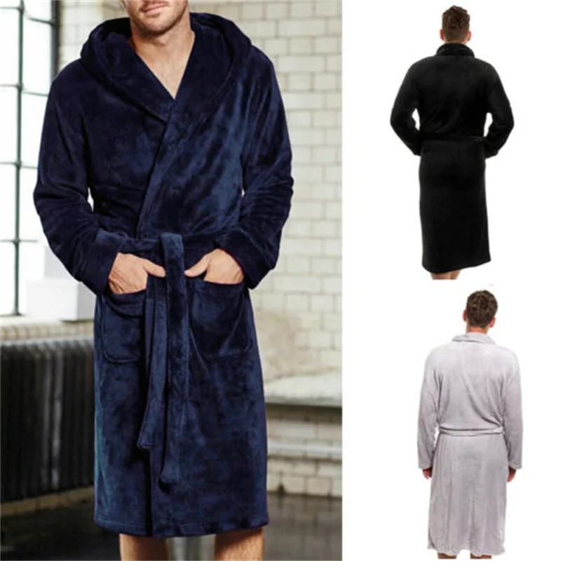 

Plush Long Flannel Bath Home Male Sleepwear Clothes Robe Casual Robe Warm Man Mens Lounge Nightgown Winter Sleeve Bathrobe Shawl