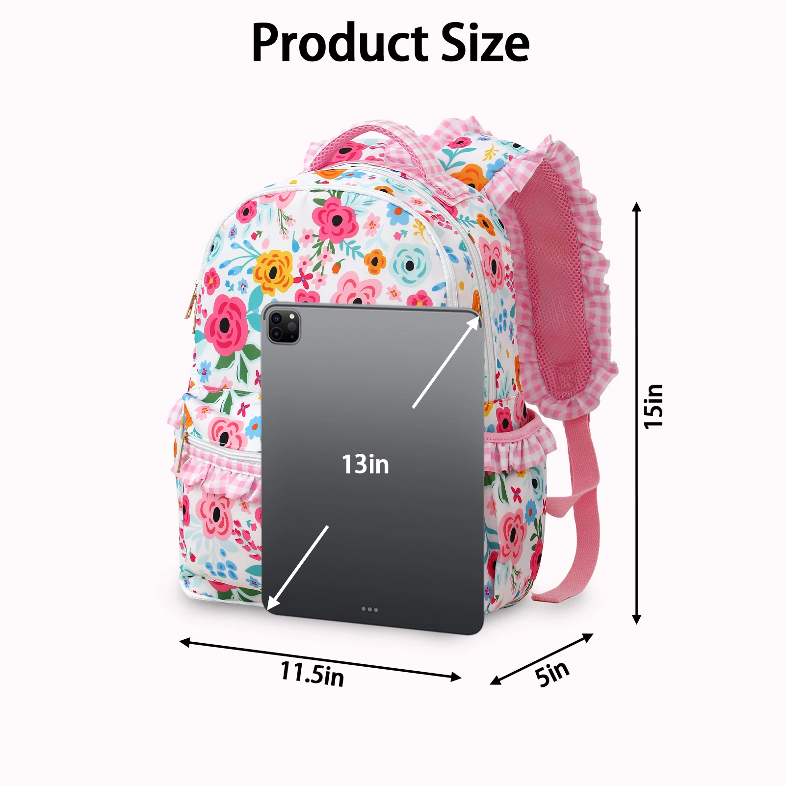 Gingham Ruffle Girls Backpack With Pencil Holder Sleeves Multi-pocket Large Capacity For Teens Back To School Travel Daypack