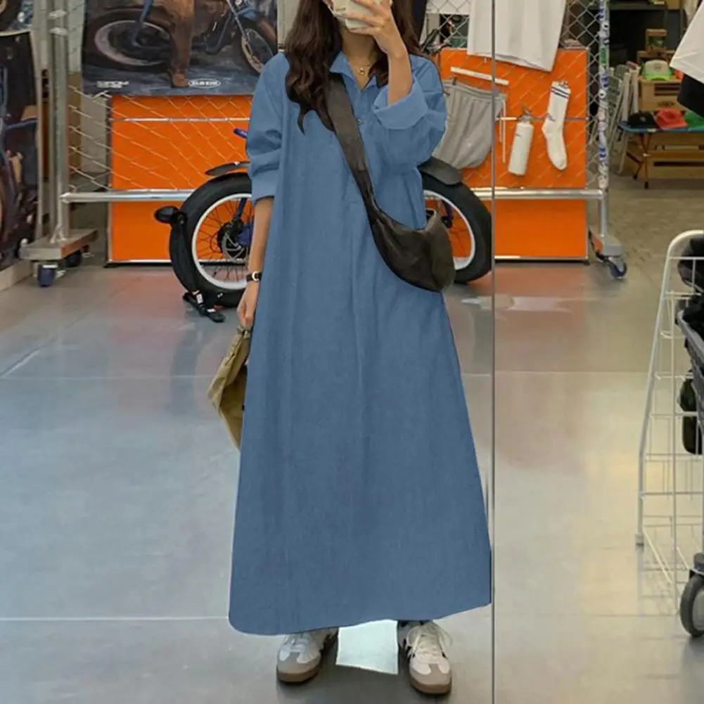 

Women Maxi Dress Loose Solid Color Turn-down Collar Long Sleeve A-line Ankle Length Dresses for women vestidos para mujer