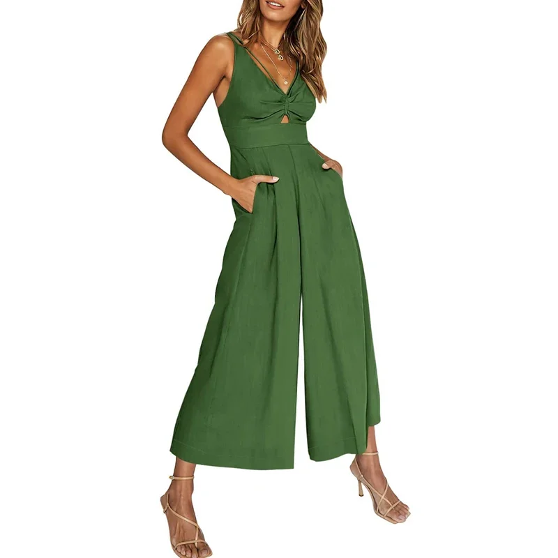 Women Sexy Backless V Neck Hollow Sleeveless Elegant Wide Leg Jumpsuit 2024 Summer Fashion Solid Slim Pockets High Waist Rompers