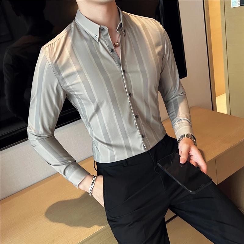 

Spring Fashion British Wide Striped Men's Shirt Street Wear Daily Korean Version Slim Long-sleeved Shirt 2023 Cotton Men Office