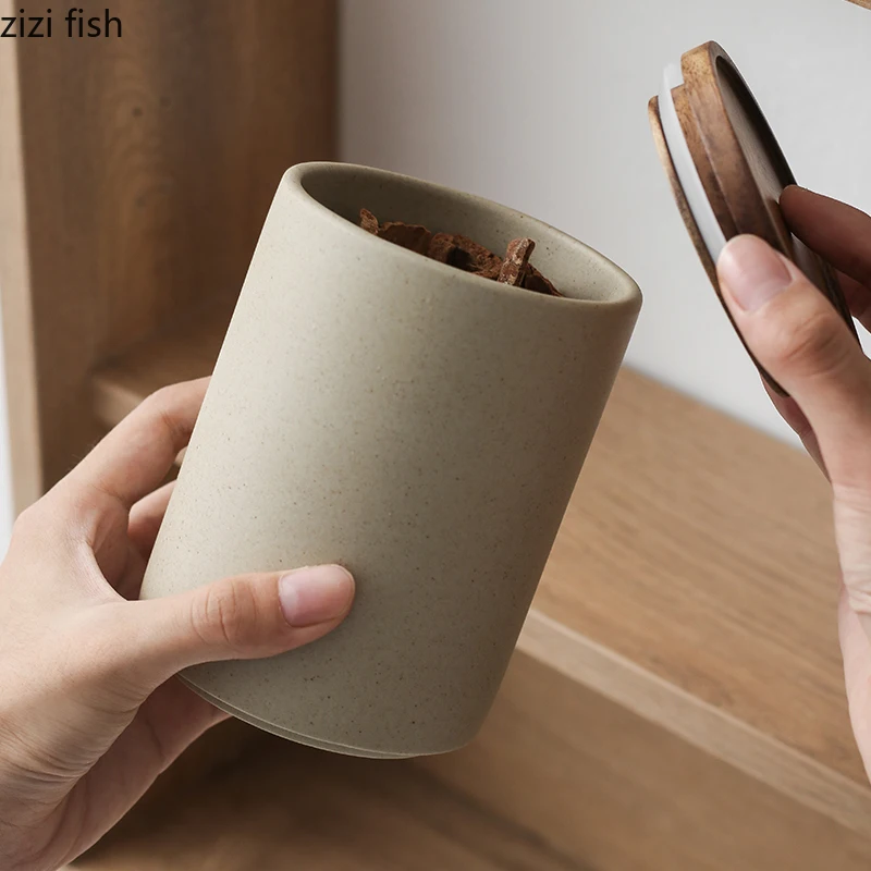 Retro Ceramic Storage Jar Wooden Lid Sealed Can Organizer Box Home Kitchen Food Storage Containers ceramic storage jar