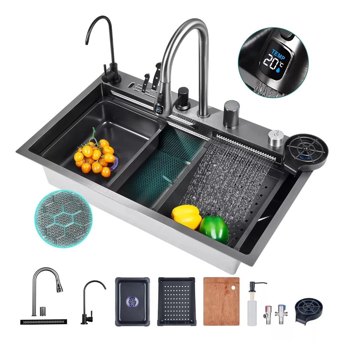 

1 set of advanced 304 stainless steel kitchen sink with digital display faucet, large single basin for vegetable cleaning and di