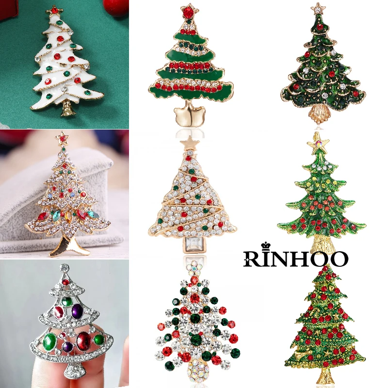 Rinhoo Fashion Zircon Christmas Tree Green Tree Brooch Pins Christmas New Year Gift Jewelry Gift