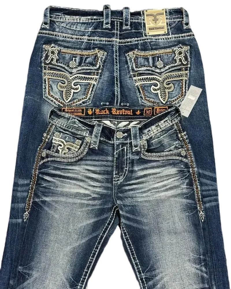 Hip Hop Rock Revival Embroidered Jeans 2024 New American Style Street Wear Loose Casual Y2k Wide Leg Jeans Fall Guys Men Jeans 2