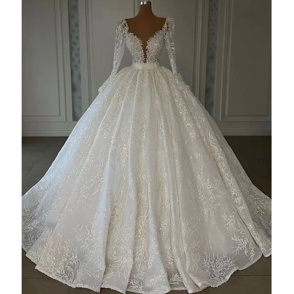 

Mermaid Wedding Dresses Long Sleeves Bridal Gown Beaded Crystals High Neck Lace Applique Sweep Train Custom African Plus