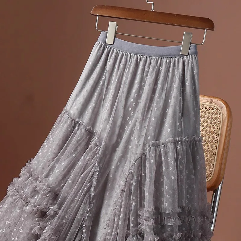 Boho Queens Women Irregular Hem High Waist Pleated embroidery Maxi Skirt Fashion Mesh Loose Puffy Skirt Fairy Cake Skirts