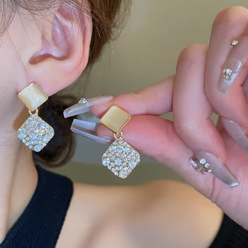 925 Silver Needle Korean Fashion Cat's Eye Stone Crystal Earrings For Women Jewelry 2025 Trending Luxury Square Drop Earrings