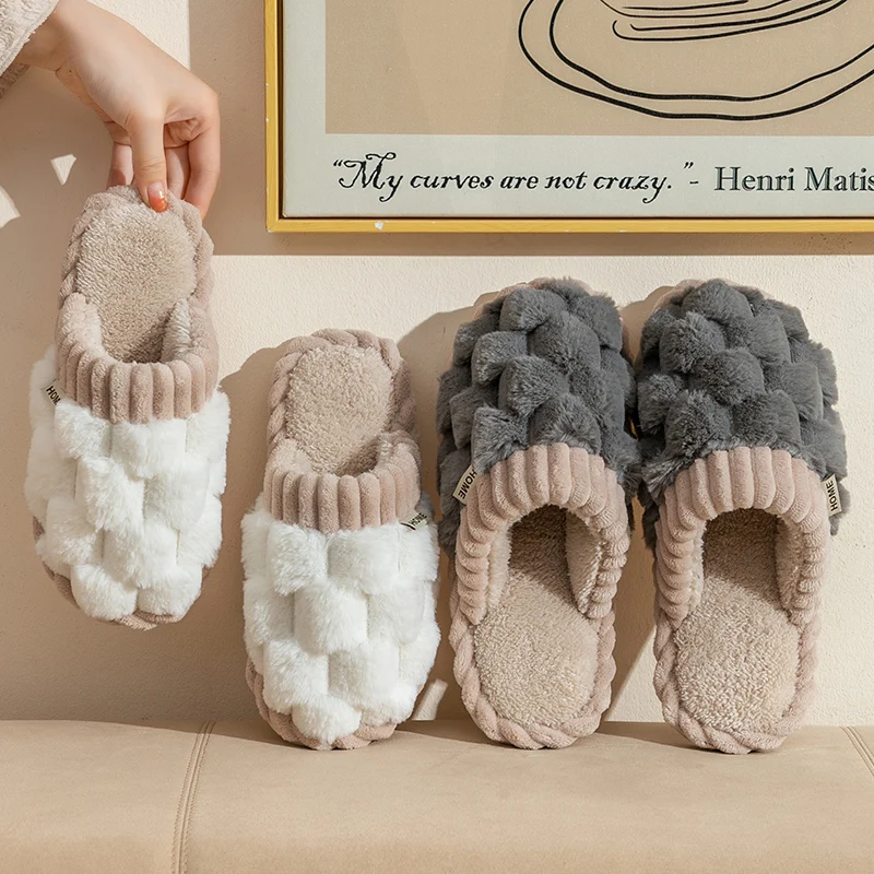 Soft Fuzzy Home Cotton Slippers for Women Soft Sole Thick Plush Warm Fur Slippers Woman Flat Heel Casual House Shoes Couples