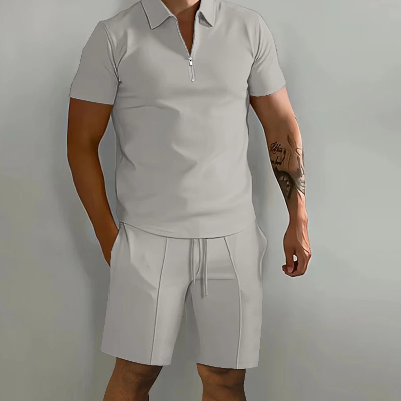 Summer New Solid Color Men's Sets High Street POLO Collar Short Sleeve Zip Fastener Pullovers Elastic Waist Pockets Y2K Shorts