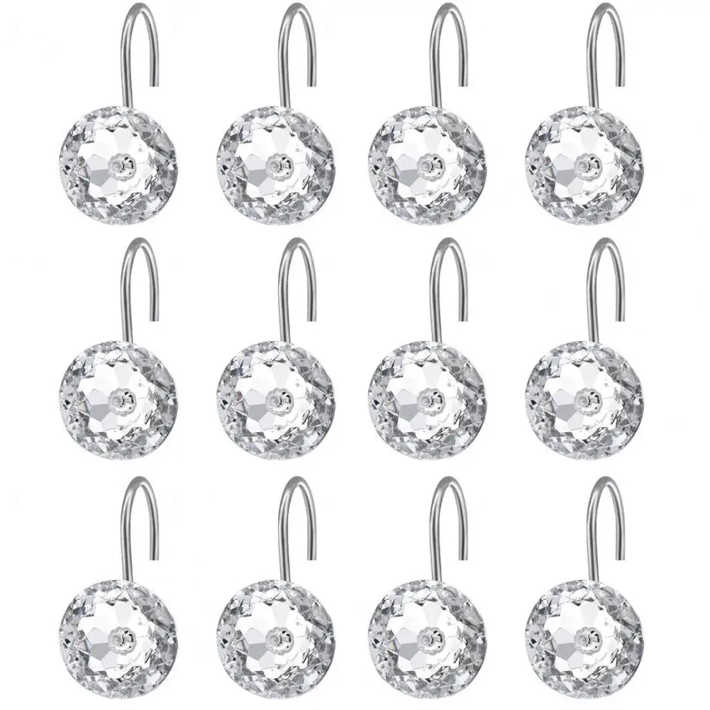 12Pcs Acrylic Rhinestone Curtain Hook Shower Rod Bathroom Curtain Hanging Buckles Decorative Window Hanger Accessories