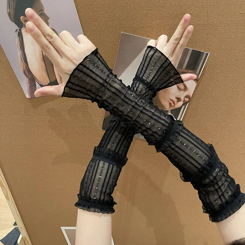 

Stripe Lace Sun Protection Uv Blocking Sleeves for Women Thin Breathable Long Hand Sleeve Korean Y2K Girls Sunscreen Arm Sleeves