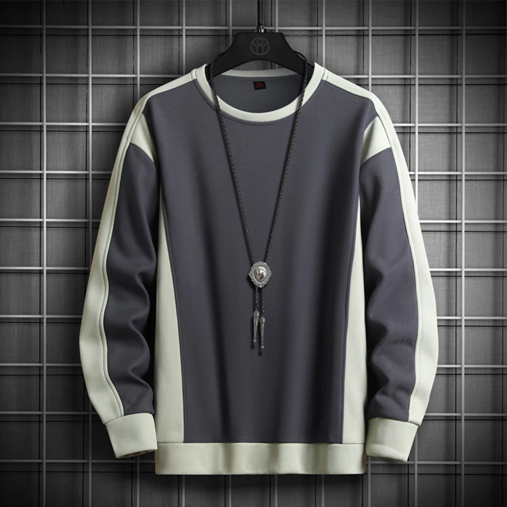 

Mens Spring Autumn Patchwork Slim Fit Round Neck Long Sleeves Casual Shirt Breathable T Shirts Soft Top Contrasting Sweatshirts