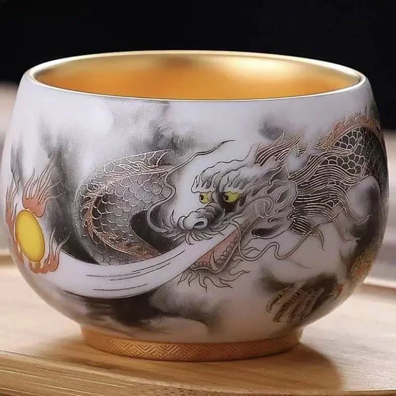 

Gilded Auspicious Dragon Spitting Beads Single Cup Chinese Style Sheep Fat Jade Tea Cup Luxury and Retro Business Gifts