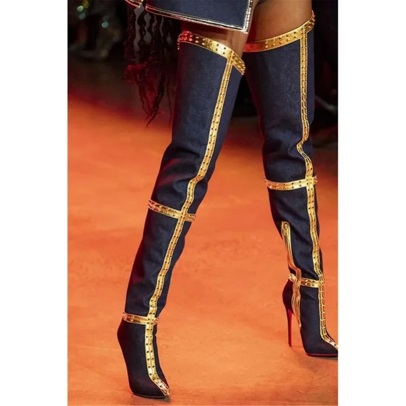 

2024 Handmade Women Thigh High Boots Super Sexy Studded Stiletto Heels Pointed Toe Gorgeous Blue Party Shoes Women US Size 5-15