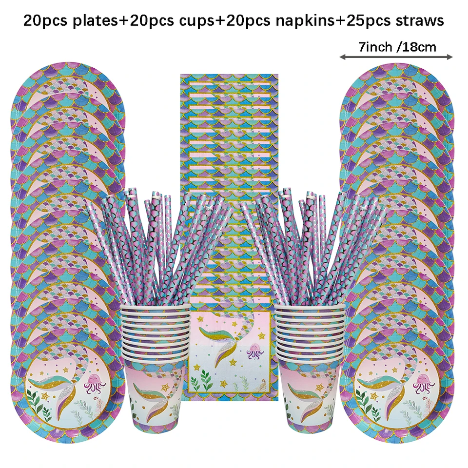 Set Stoviglie Per Feste A Tema Sirena - 61 Pezzi Per 20 Ospiti Con Tovaglia, Piatti E Bicchieri - Foto 7