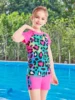 2-Piece Swim Set Swimming Suit Girls Short Sleeve Kids Tops with Boyleg Shorts Swimsuit Leopard Print Swimwear Color Blocking 2