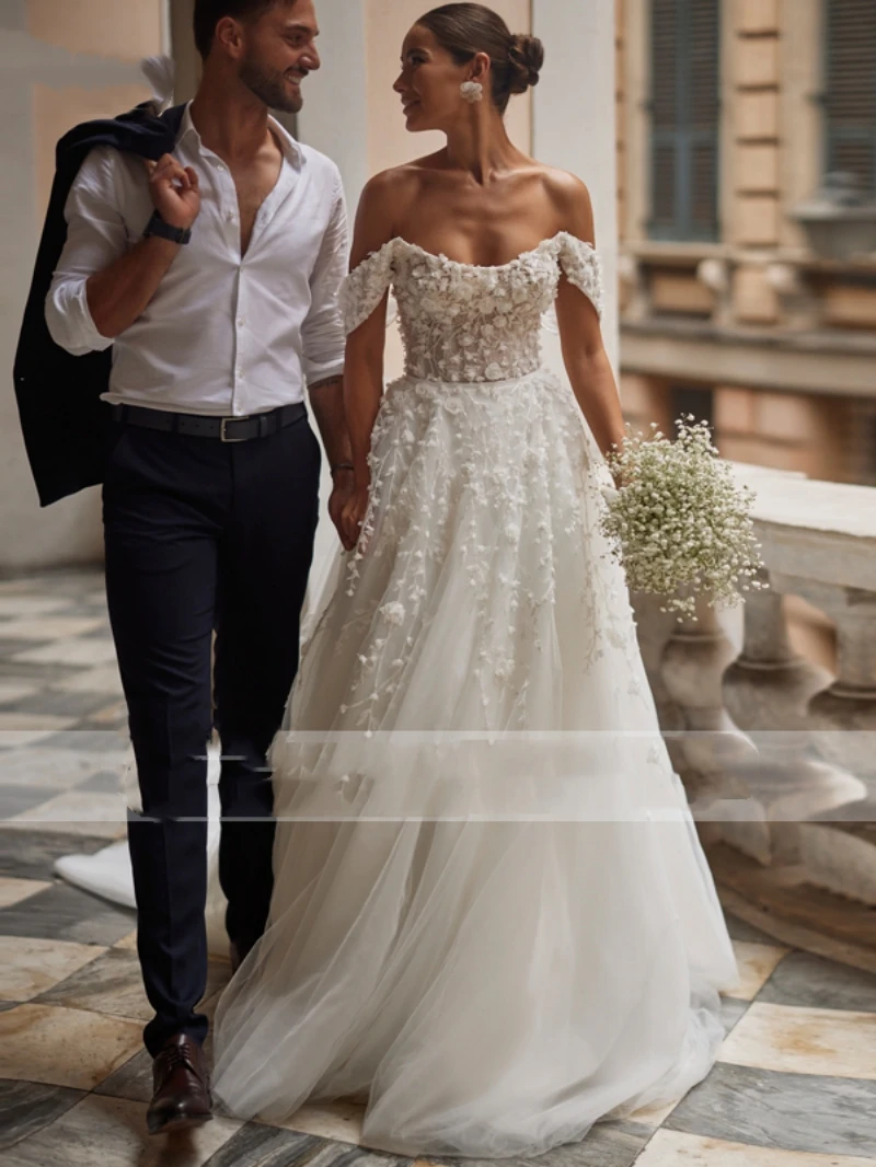 Elegant Wedding Dresses A-Line Tulle Bridal Gowns Lace Appliques Off The Shoulder Robes Vintage Vestidos De Novia Customized 3