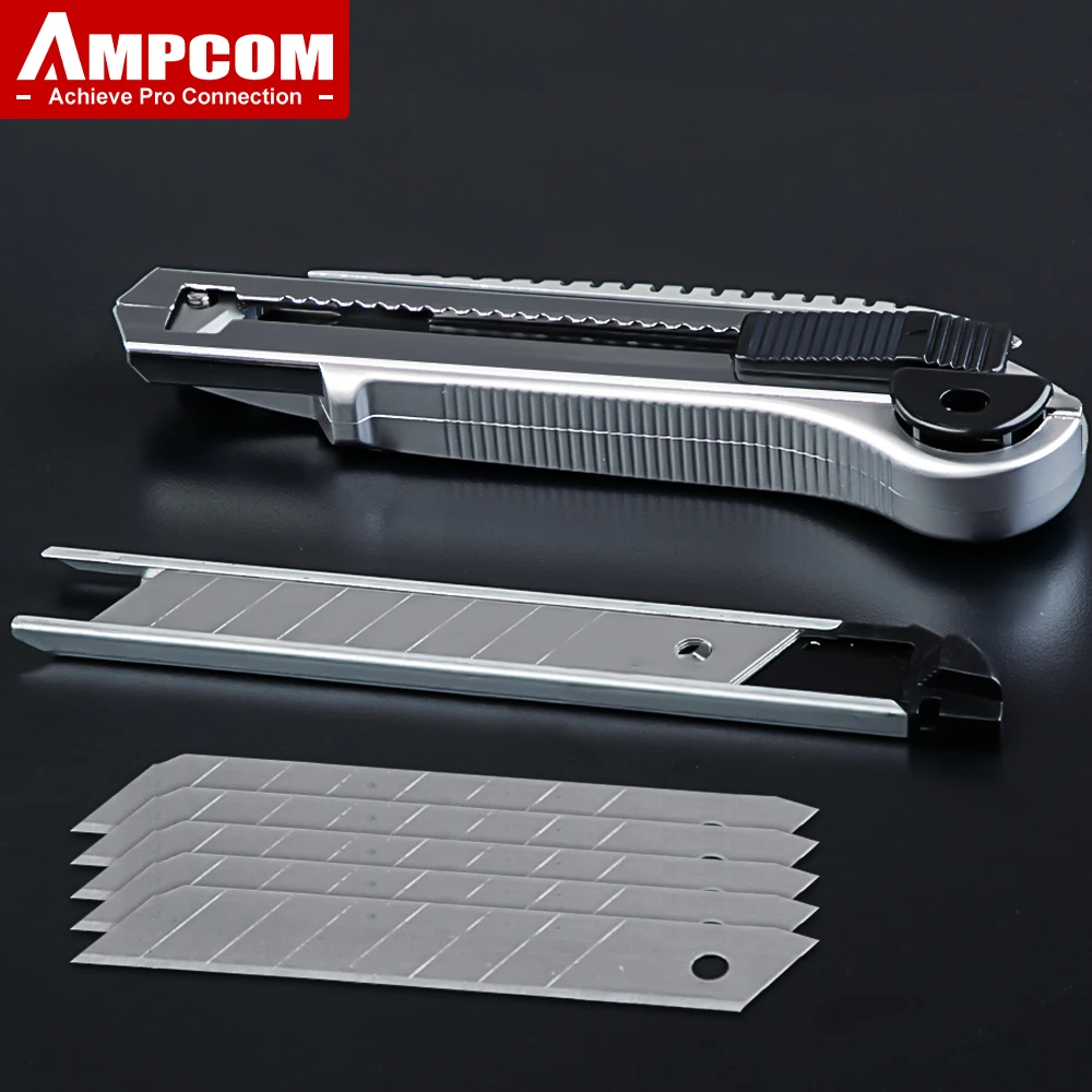 

Универсальный нож AMPCOM, сверхмощный резак, выдвижная самонагружающаяся нержавеющая сталь, Быстросменные дополнительные лезвия (5 шт.)