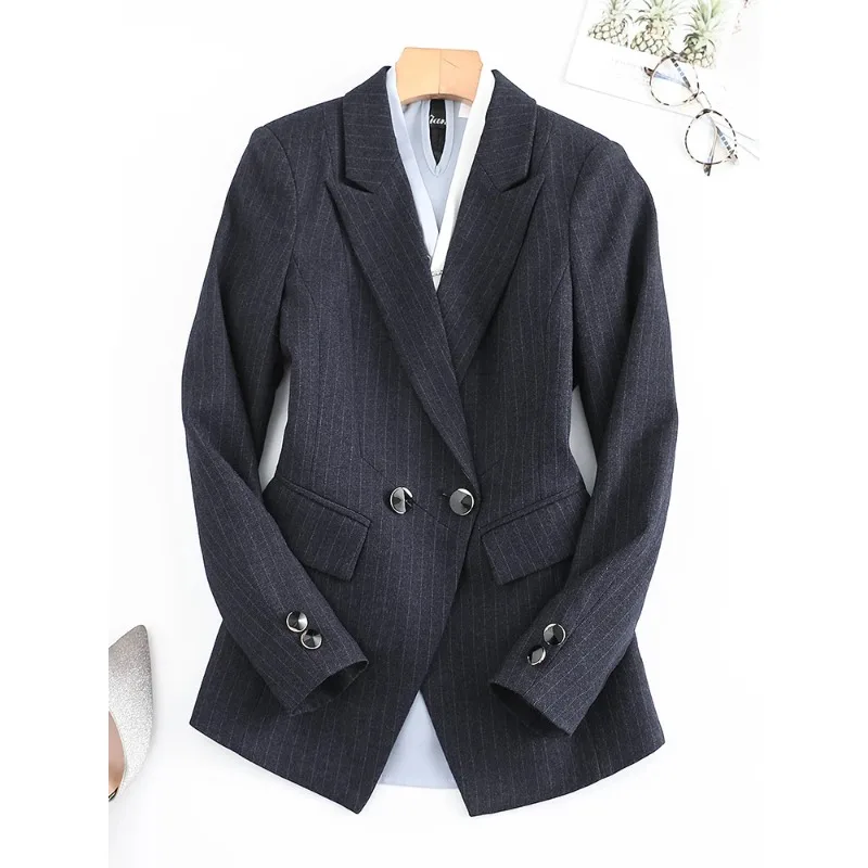 

Black Blue Stripe Women Suit Blazer Office Ladies Business Work Wear Jacket Female Long Sleeve Single Breasted Formal Coat