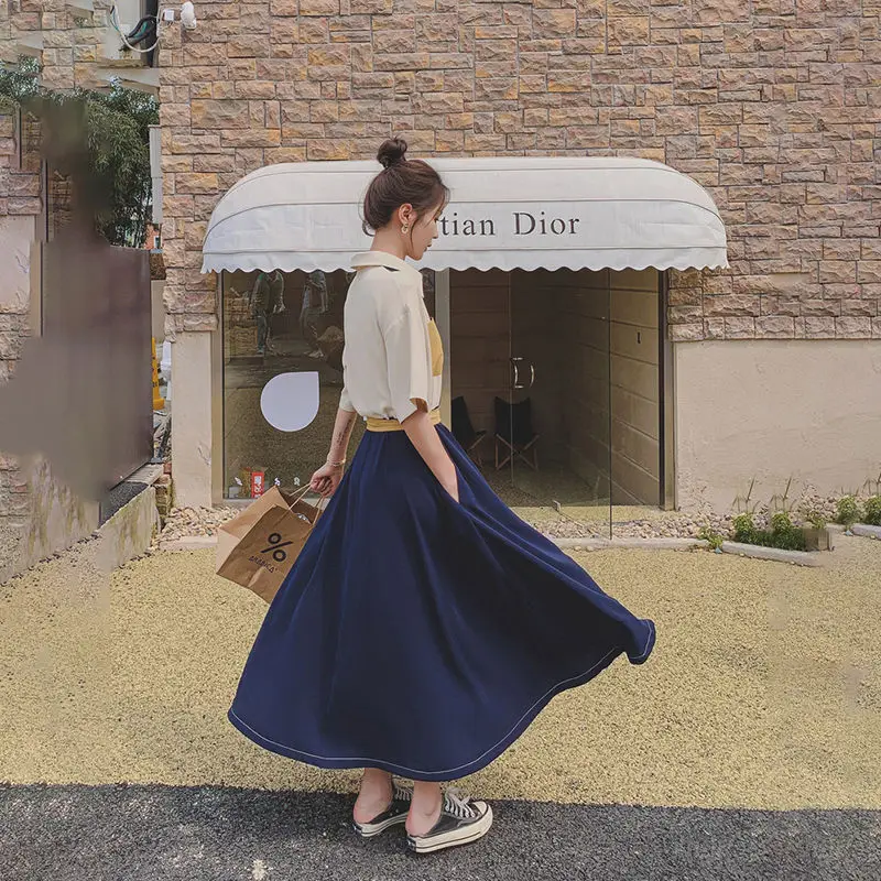 Dress for Women Temperament Shirt Skirt Retro Splicing Contrast Color Over Knee Mid-length Lapel Waist to Make You Look Thin 3
