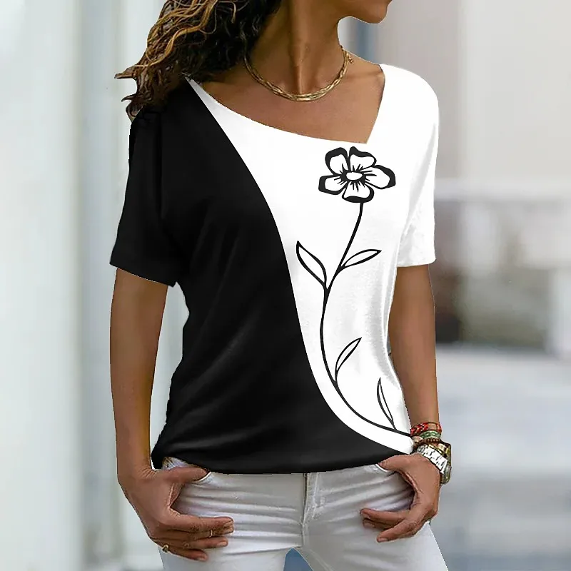 2022 Summer Women's Floral Theme Painting T shirt Floral Color Block ...