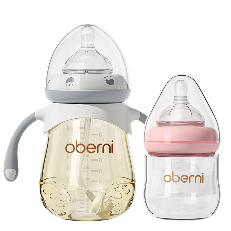 Oberni Baby Bottle Feeding Set for PPSU + Glass Materials Wide Neck 120ml+240ml with supper soft Silicone nipple