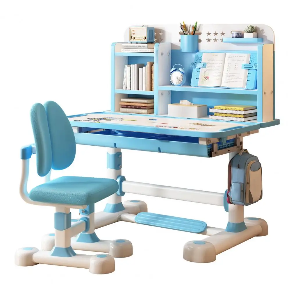 2Pcs/Set Kids Study Desk Chair Set, Height Adjustable Children School Study Table Chair Set with Sitting Corrector Desk