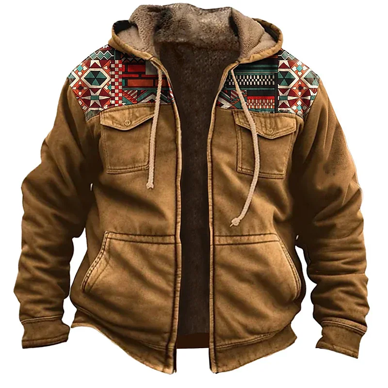 Men's Zipper Hoodies Winter Fleece Parka Coats Ethnic Tribal Graphics Daily Jacket Sweatshirts Outerwear Hooded Zip-up Overcoats