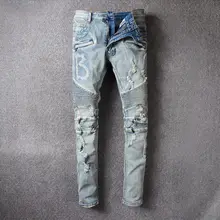 

Men Jeans Spring Summer Pleated Stitching Ripped Jeans Streetwear Vintage Men Elastic Motorcycle Korean Denim Straight-Leg Pants