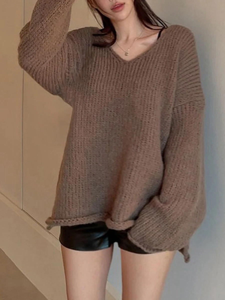 

Winter Fall Loose Sweater Female Solid Color V-Neck Long Sleeve Split Hem Knitwear Pullover Tops Women Warm Clothes