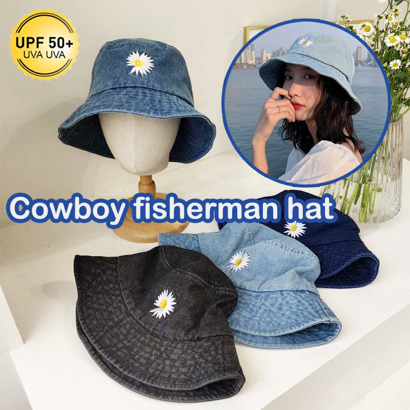 Trendy Unisex Daisy Print Fisherman Hat for Summer Japanese Korean Style Denim Sun Hat with UPF 50+ UV Shield Ideal for Outdoor