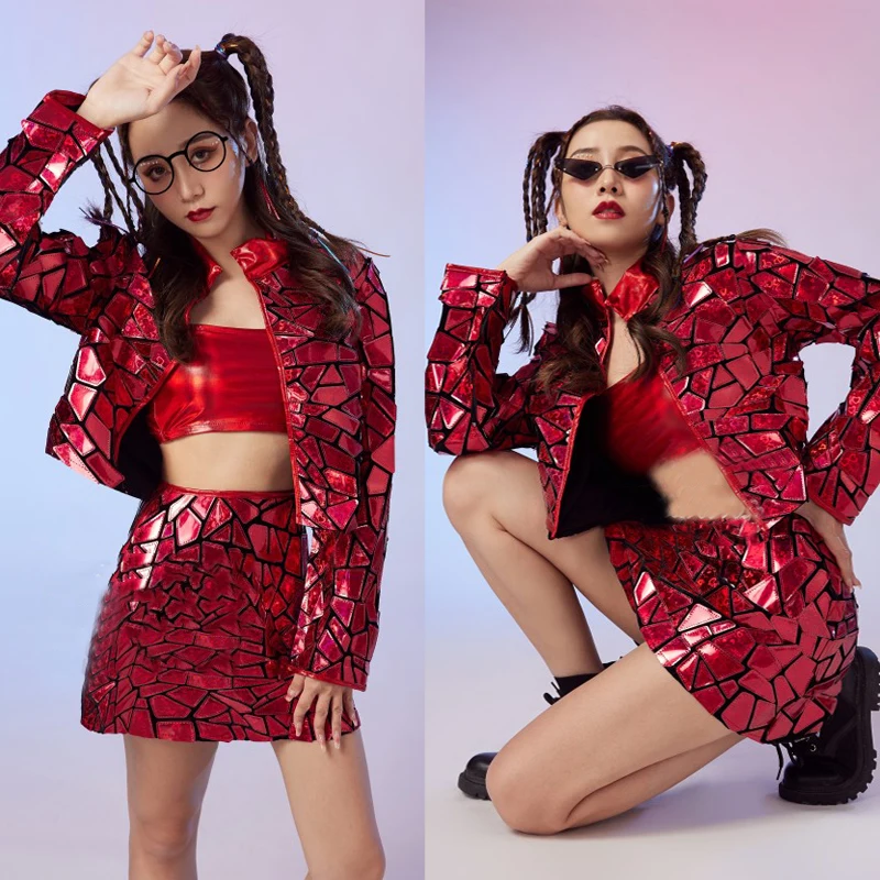 

Red Mirrors Costumes Sequins Laser Coat Skirts Women'S Group Jazz Dancer Clothes Bar Nightclub Dj Ds Stage Rave Outfit XS5297