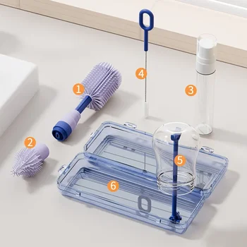 Kit per la pulizia dei biberon da 6 pezzi Set di spazzole per la pulizia dei biberon in silicone da viaggio portatile con stendino pieghevole e scatola di immagazzinaggio