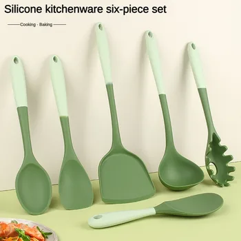 6-Piece Silicone Kitchen Utensil Set: Chinese Spatula, Soup Ladle, Slotted Turner, Pasta Spoon, Salad & Honey Scrapers for Non-S