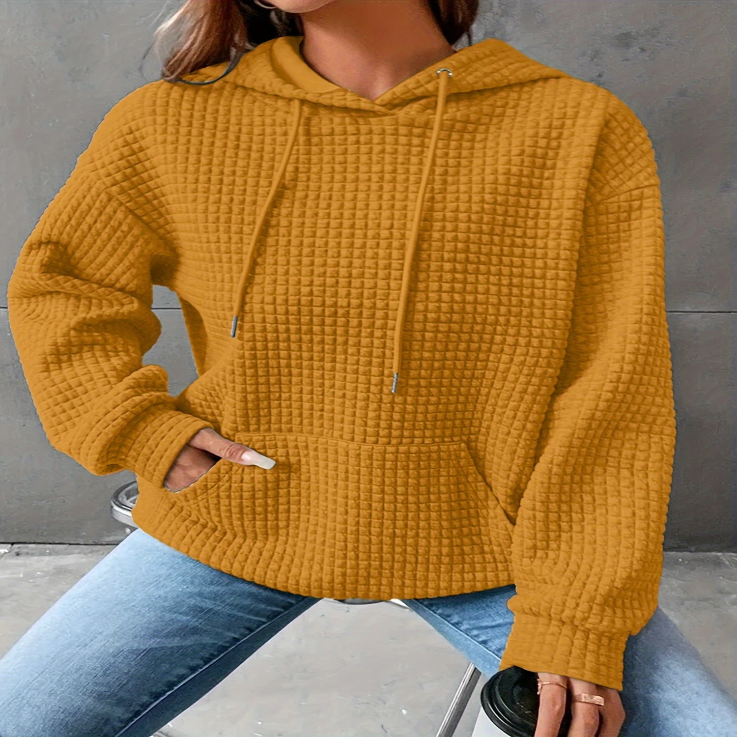 Waffle Grid Kangaroo Pocket Hoodie, Casual Long Sleeve Drawstring Hoodies Sweatshirt, Womens Clothing
