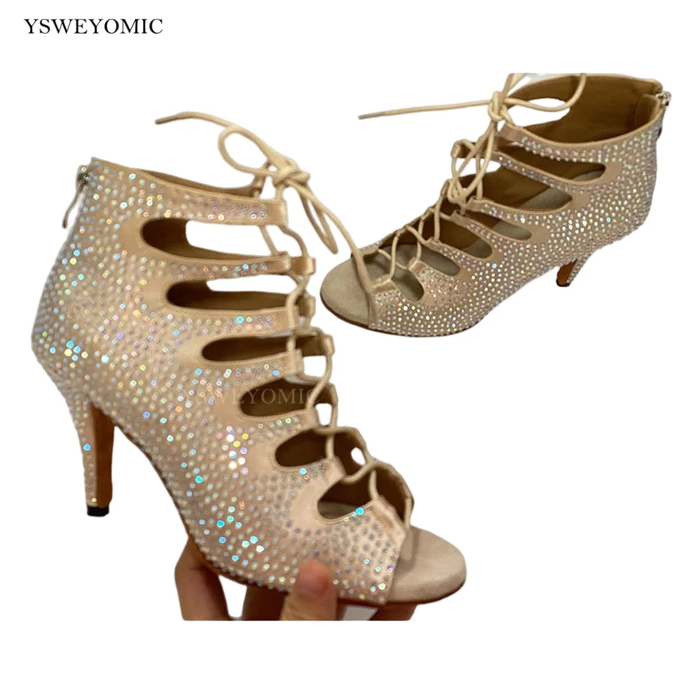 

Sparkly Dance Party Shoes Rhinestones Salsa Dance Boots 2022 Khaki color Strass Indoor Outdoor Latin Ballroom Dance Shoes Girls