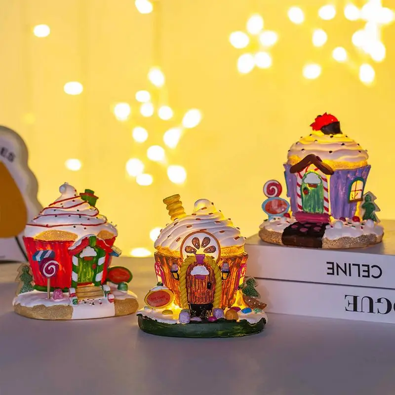 

Рождественские настольные украшения со светодиодной подсветкой, скульптура зимнего дома из смолы, сезонные Коллекционные фигурки